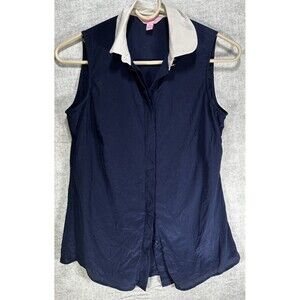 Lilly Pulitzer Women’s Size XS Blue Silk Tank Top Hidden Buttons White Collar